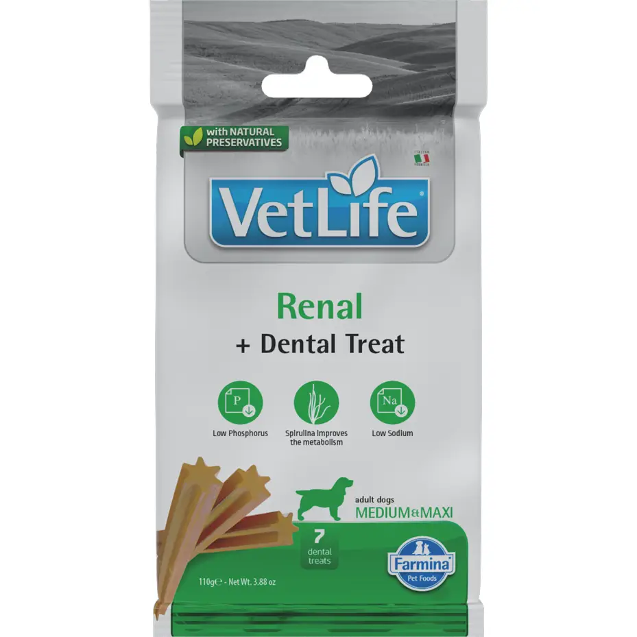 Farmina Vet Life Renal Dental hondensnacks voor middelgrote tot grote honden – ondersteunt nierfunctie én gebitsverzorging met spirulina en glucosamine.